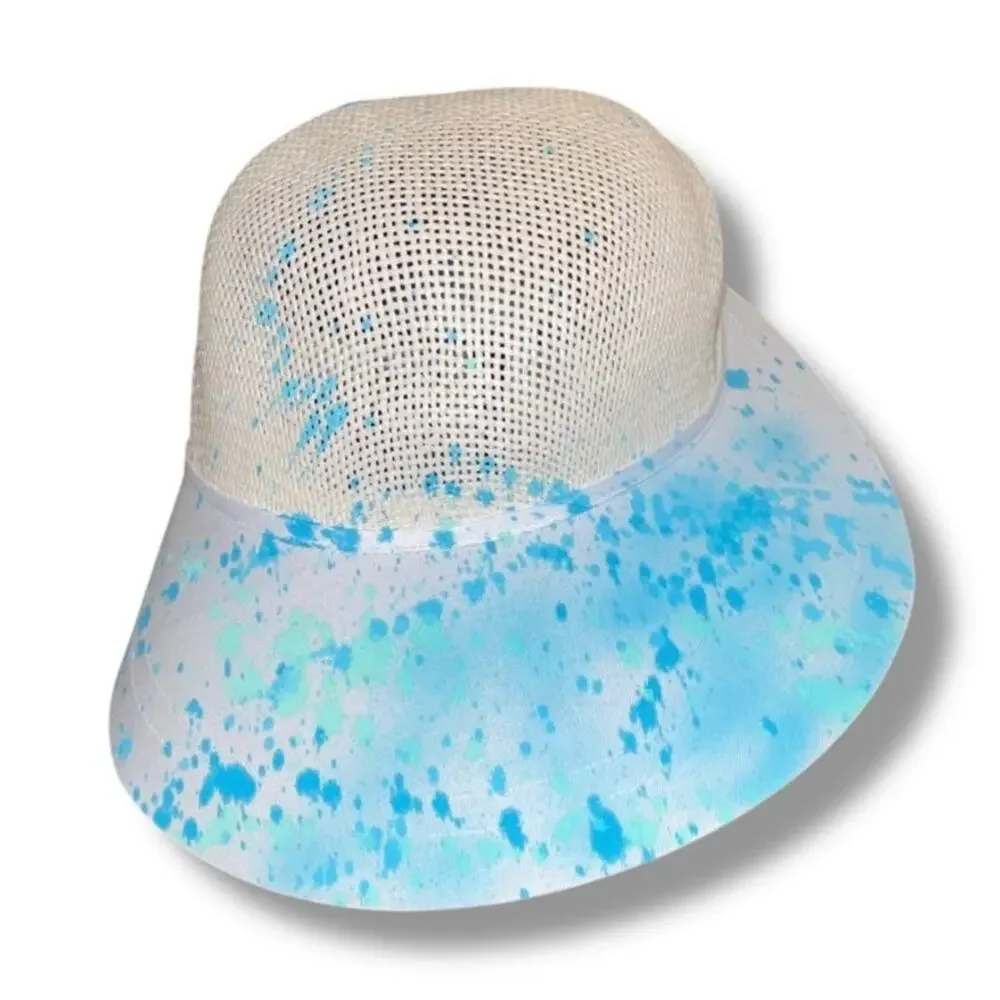 Sun N Sand Wide Brim Sun Hat Blue Splatter Paint Woven Mesh Summer Beach Travel